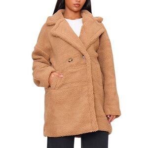 Pretty Little Thing CAMEL BORG LAPEL DROP ARM MIDI COAT Size US 6 New with Tag